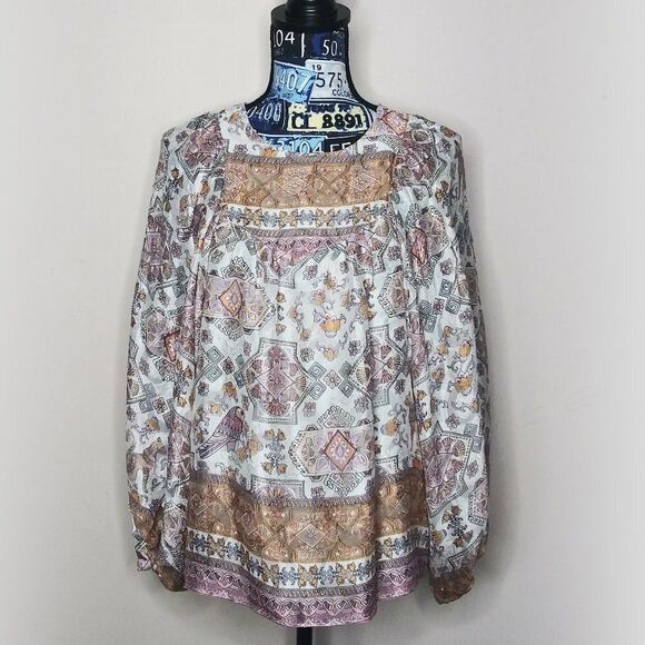 ANTHROPOLOGIE Floral Egyptian Cat Boho Silk Blouse Flowy Balloon Sleeves Size M - Picture 13 of 13